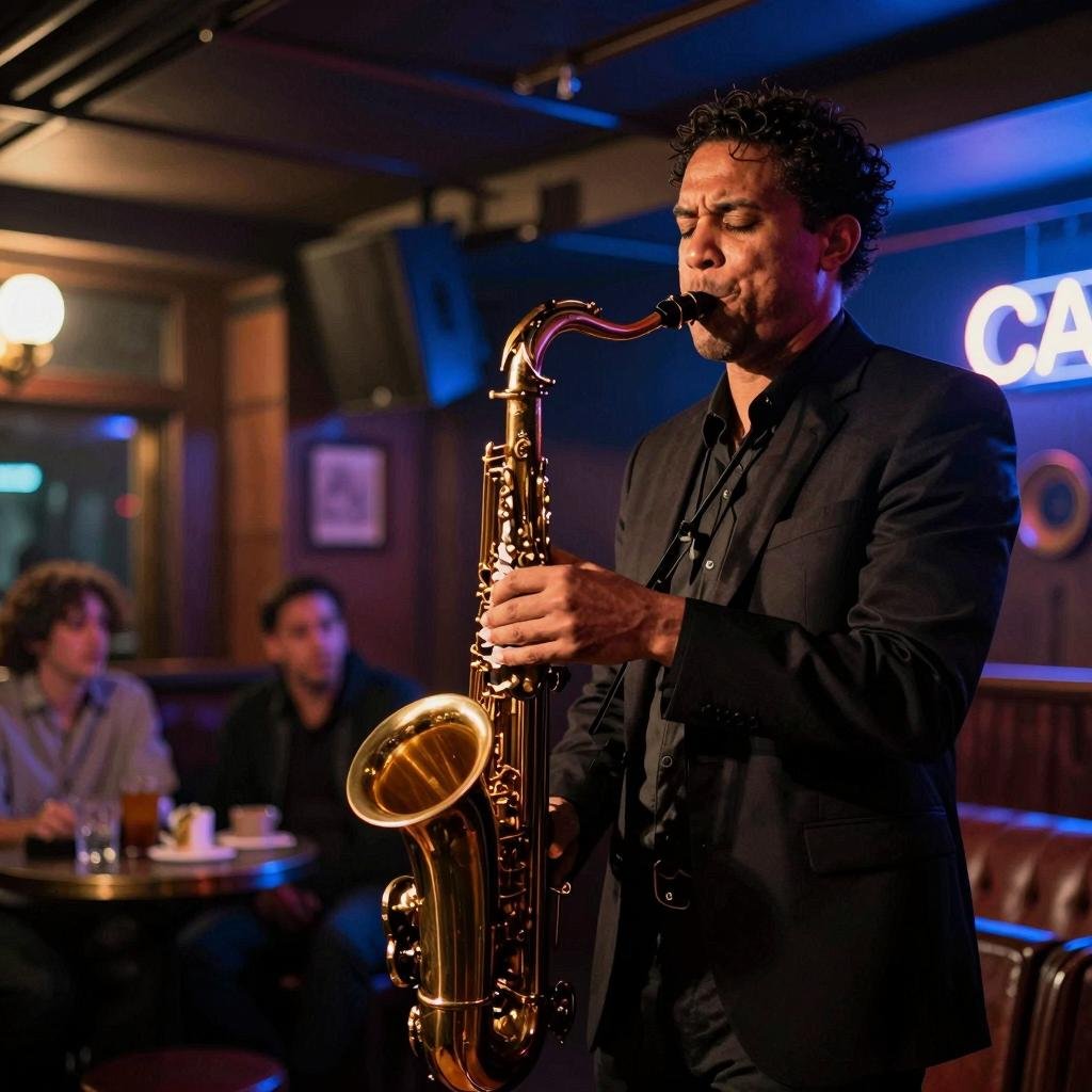 Fotor AI native model - jazz club saxophonist on stage with dramatic lighting