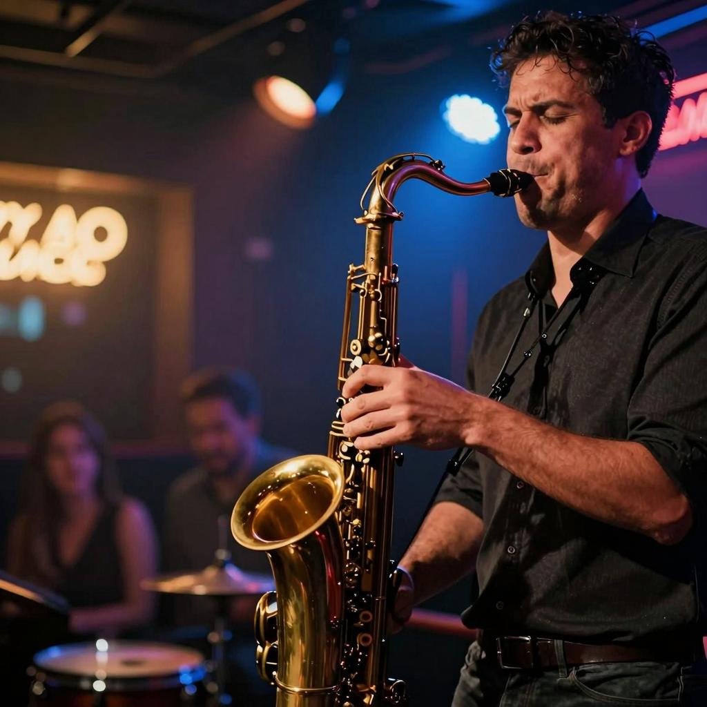Fotor AI native model - jazz club scene with neon signs