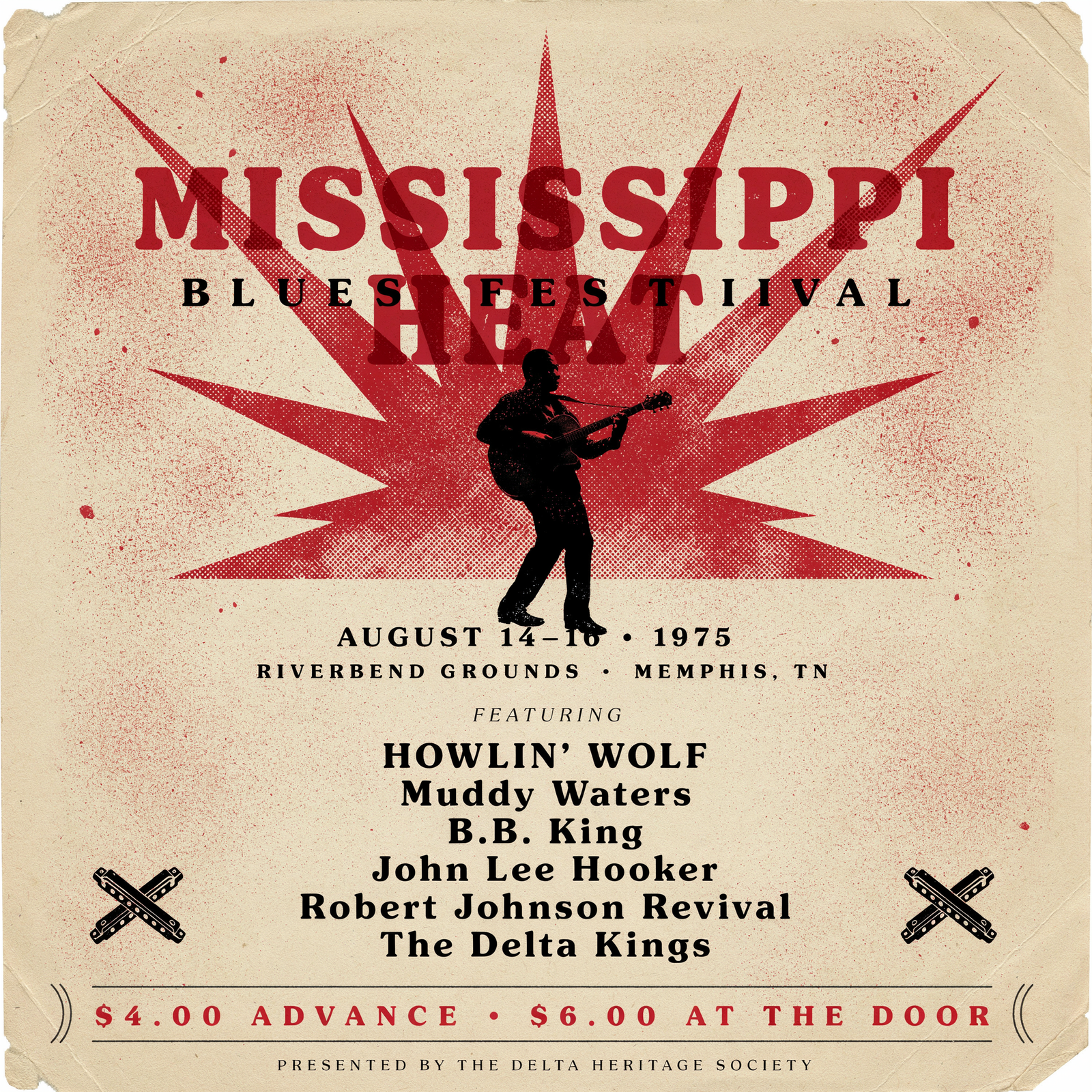 Ideogram V4 - Mississippi Heat Blues Festival vintage poster with silhouette guitarist