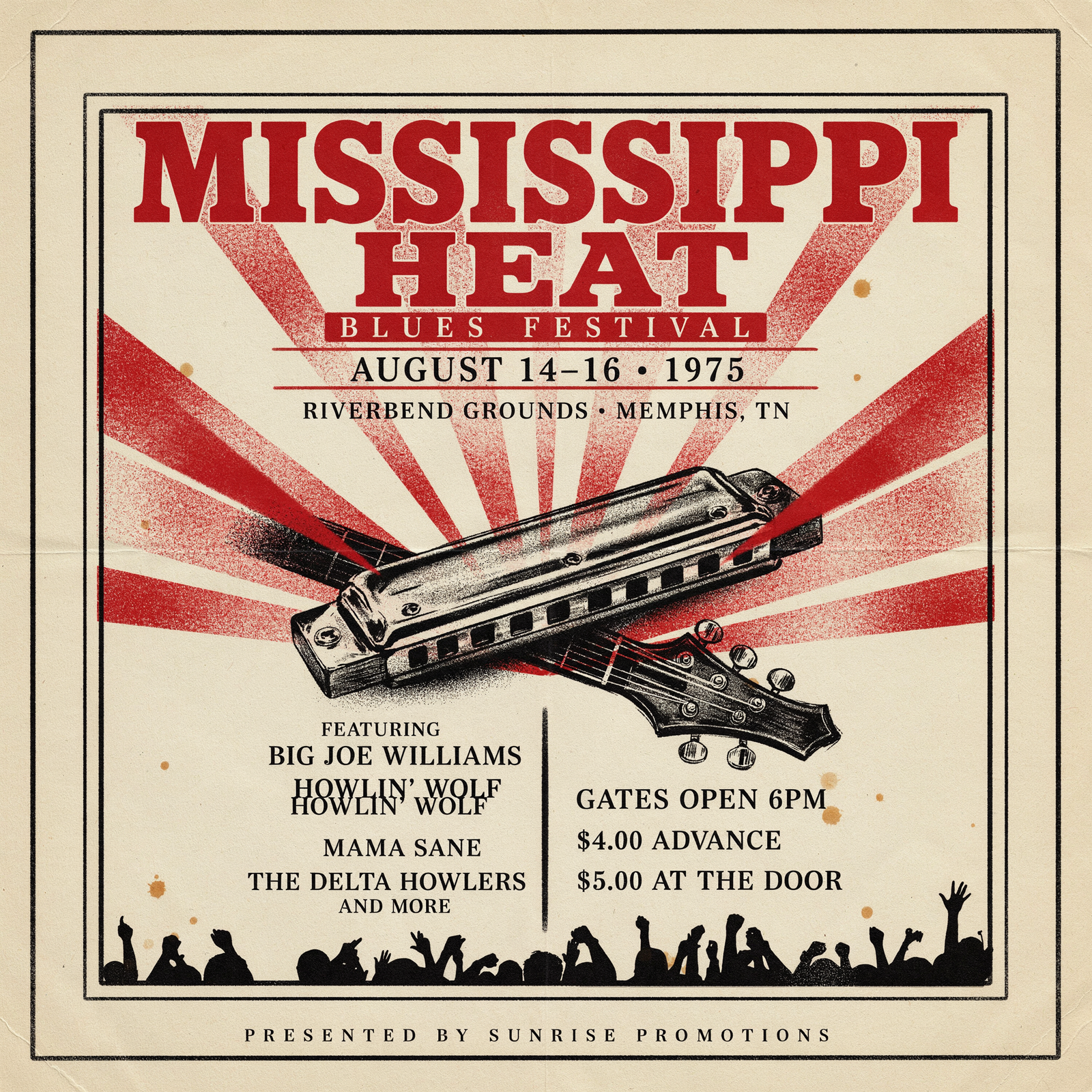 Ideogram V4 - Mississippi Heat Blues Festival poster with harmonica and guitar