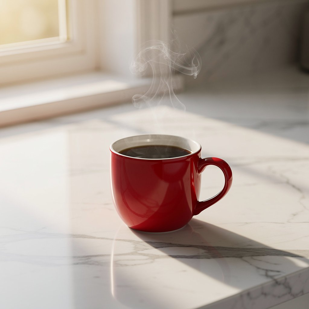 Flux.2 Pro - red coffee mug steaming on marble countertop with window light