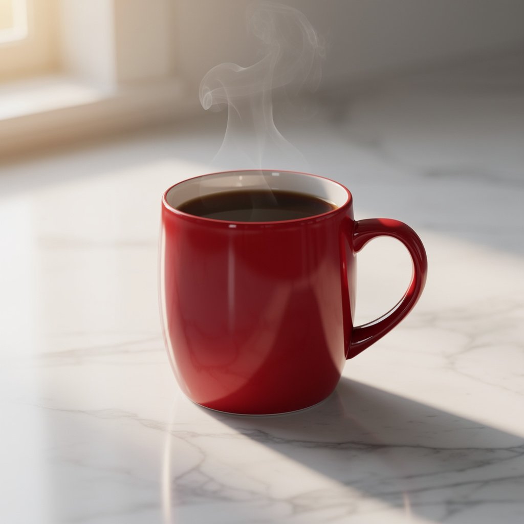 Flux.2 Pro - red coffee mug steaming product shot closer view
