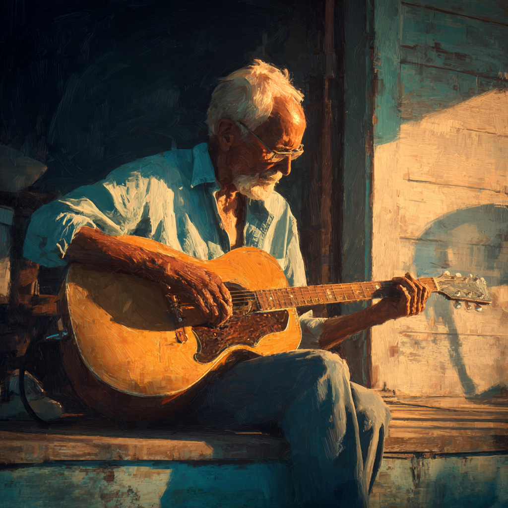 Midjourney V7 - oil painting of elderly blues musician playing guitar, warm light