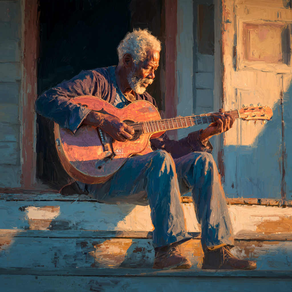 Midjourney V7 - oil painting of elderly Black blues musician on porch with guitar