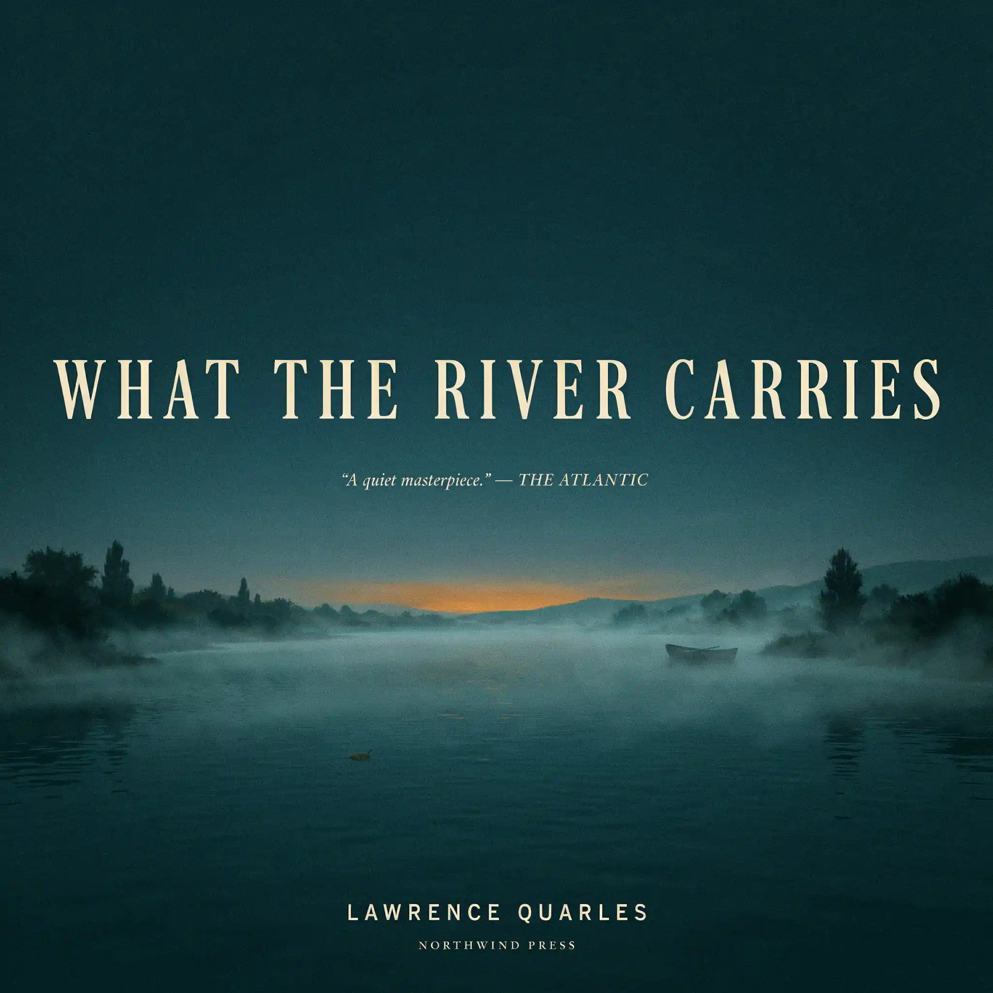 Ideogram V4 book cover variant 1 — misty river at dawn, teal sky with amber horizon