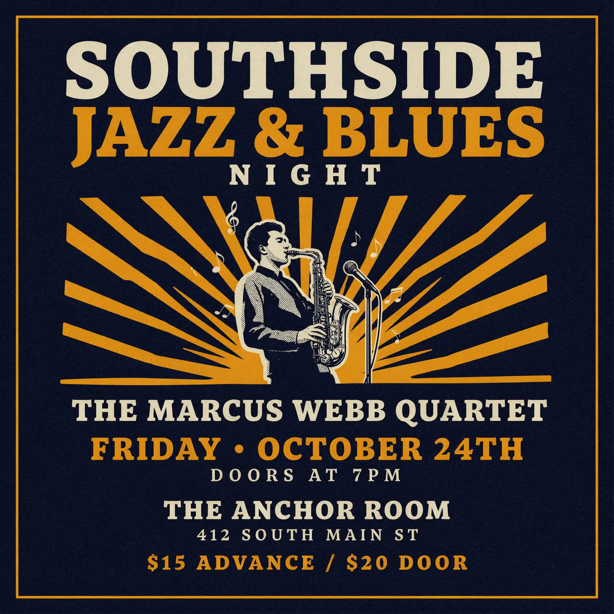 Ideogram V4 jazz poster variant 1 — navy and gold halftone design with saxophonist