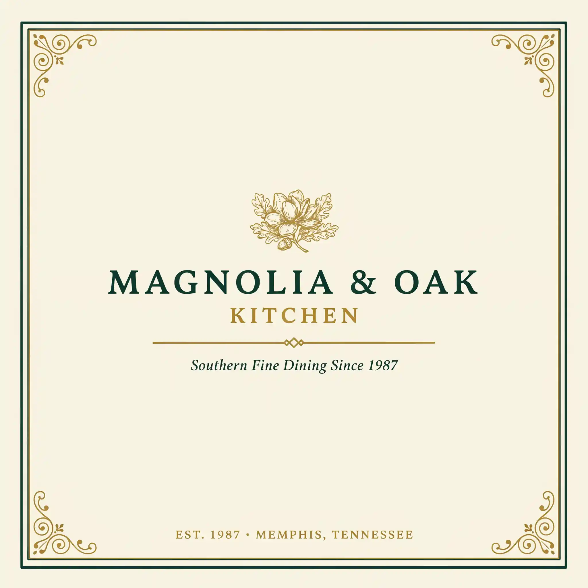 Ideogram V4 restaurant logo variant 1 — ornate gold corner scrollwork on cream background