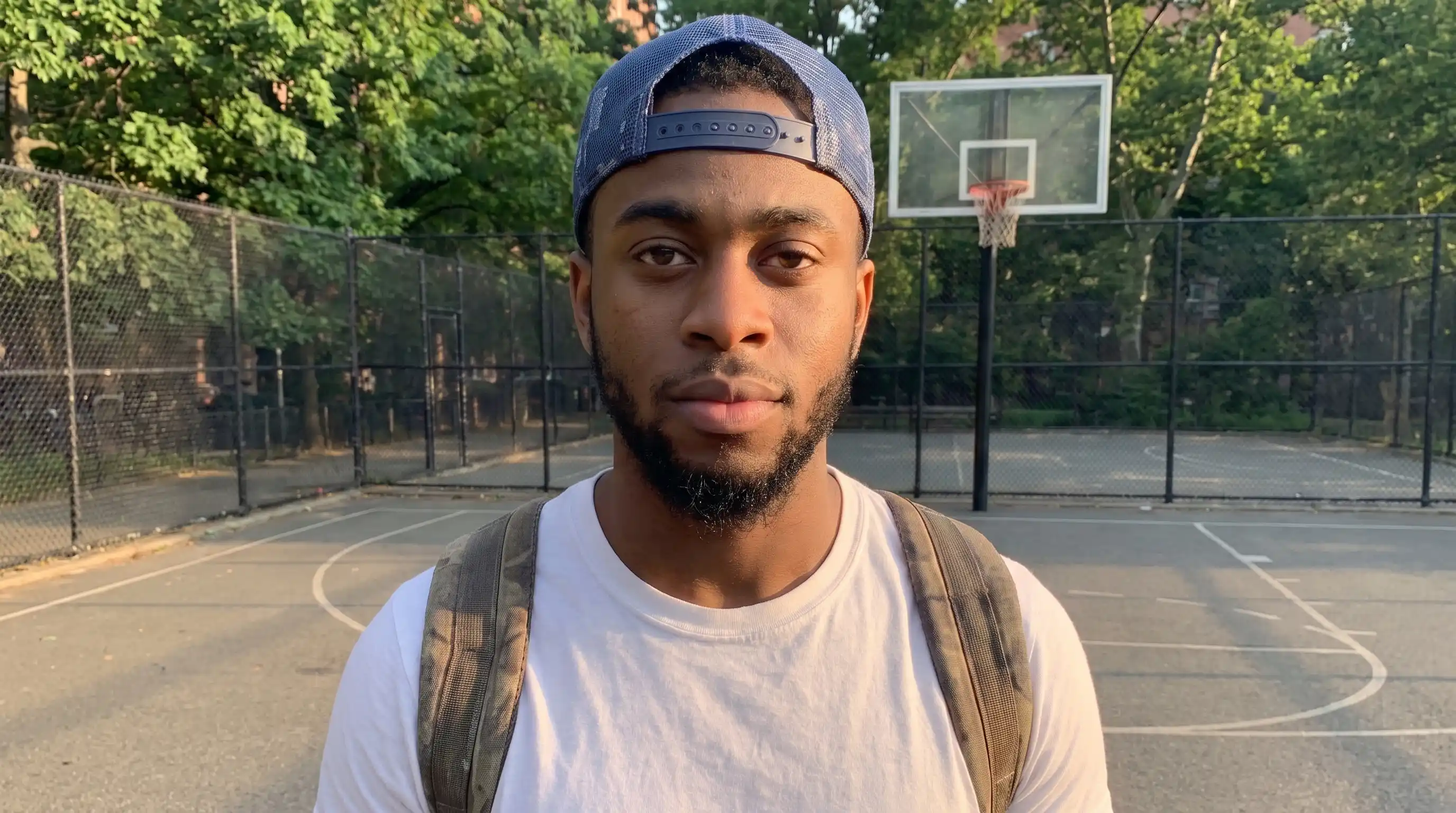 Original character — young Black man in snapback cap and white t-shirt on outdoor basketball court