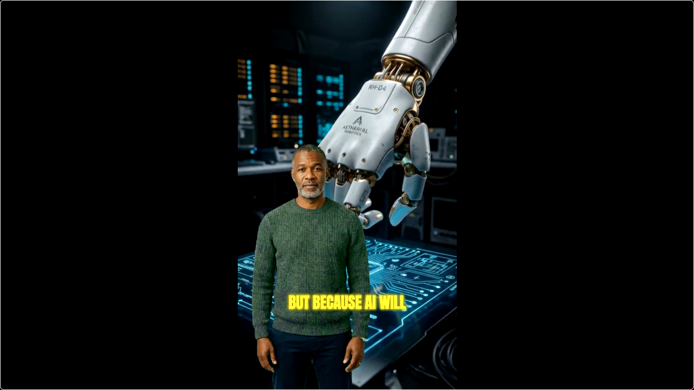 Revid AI Talking Avatar output — presenter standing in front of AI robotics background with captions